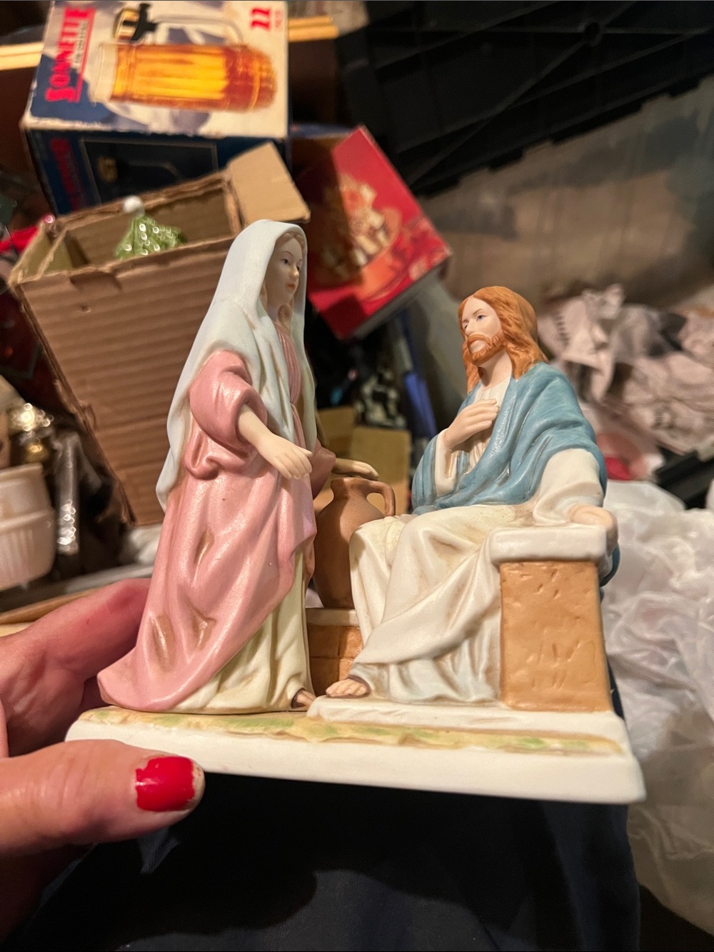 Vintagev Religious Ceramic Figurine Set - Pink, Blue, White